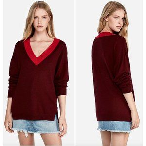 Express XS Burgundy Red Oversized V-Neck Tunic Sweater colorblock 0-2 viscose